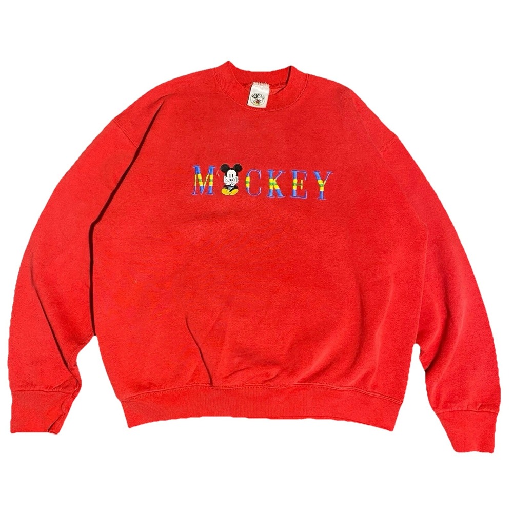 Vintage Disney Sweatshirt XL Red Mickey Mouse Embroidered 90s Colorful Kidcore